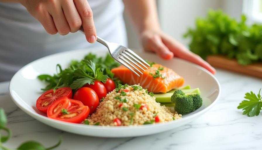 Atleta preparando alimentos frescos y nutritivos