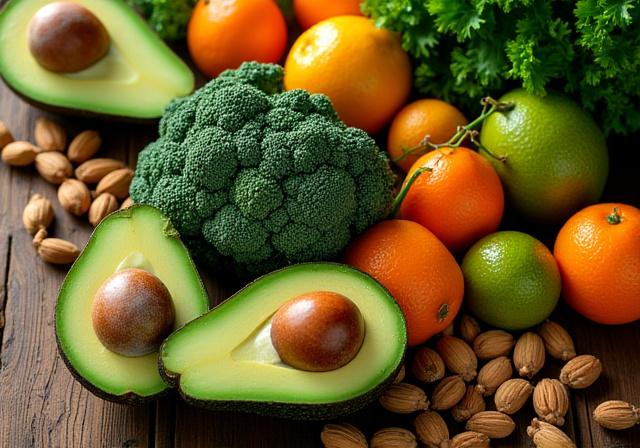 Ingredientes frescos sobre una mesa de madera